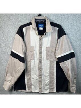 Vintage Wrangler Brushpopper Stripe XL Beige Black White Pockets Button Mens Top